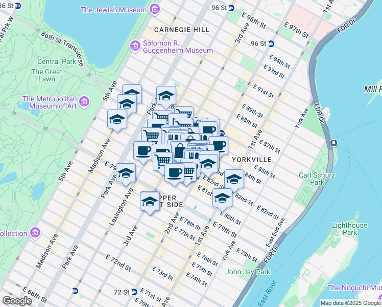 map of restaurants, bars, coffee shops, grocery stores, and more near 219 East 83rd Street in New York