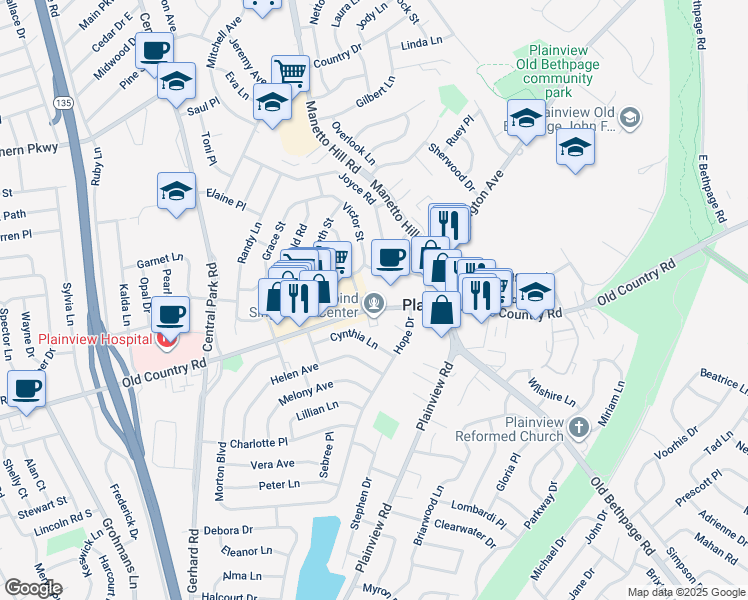 map of restaurants, bars, coffee shops, grocery stores, and more near 1065 Old Country Road in Plainview