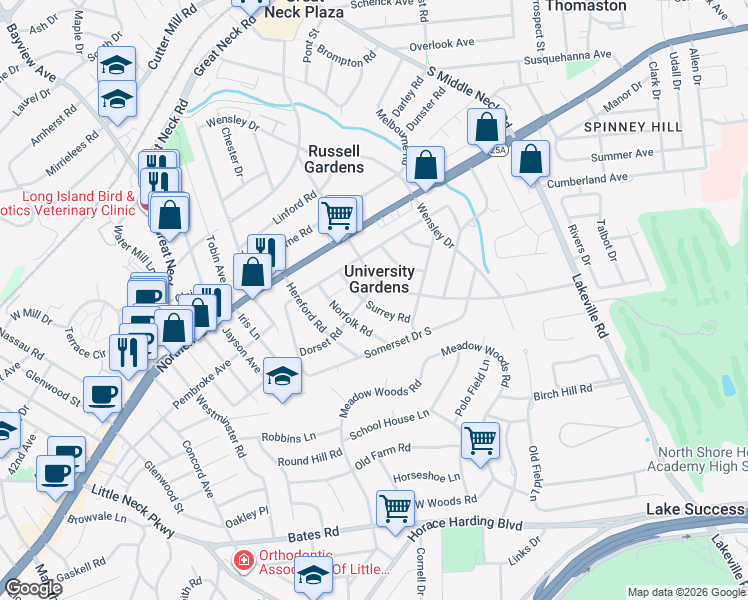 map of restaurants, bars, coffee shops, grocery stores, and more near 11 Norfolk Road in Great Neck