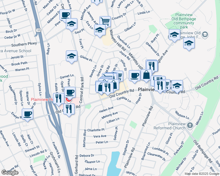map of restaurants, bars, coffee shops, grocery stores, and more near 1034 Old Country Road in Plainview