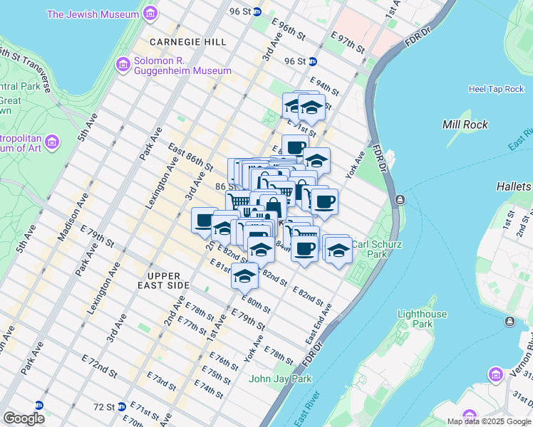 map of restaurants, bars, coffee shops, grocery stores, and more near 347 East 85th Street in New York
