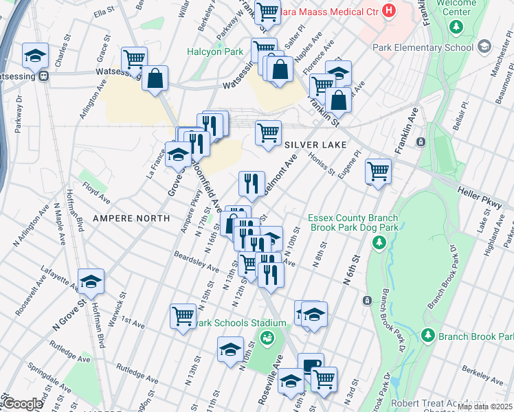 map of restaurants, bars, coffee shops, grocery stores, and more near 48 Belmont Avenue in Belleville