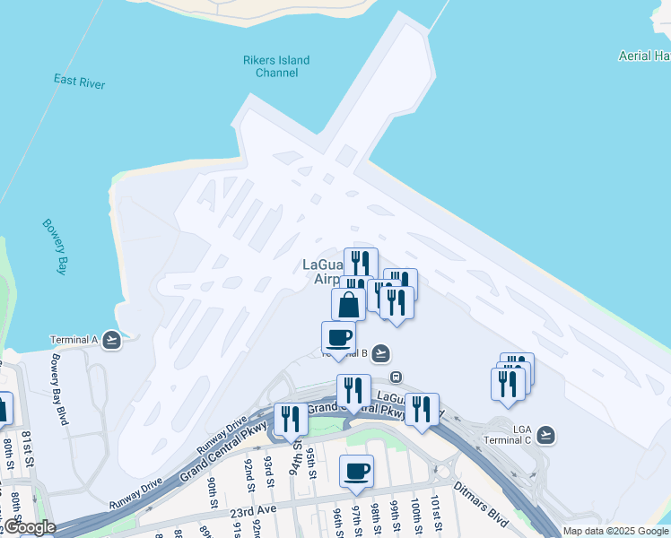 map of restaurants, bars, coffee shops, grocery stores, and more near in LA GUARDIA AIRPORT