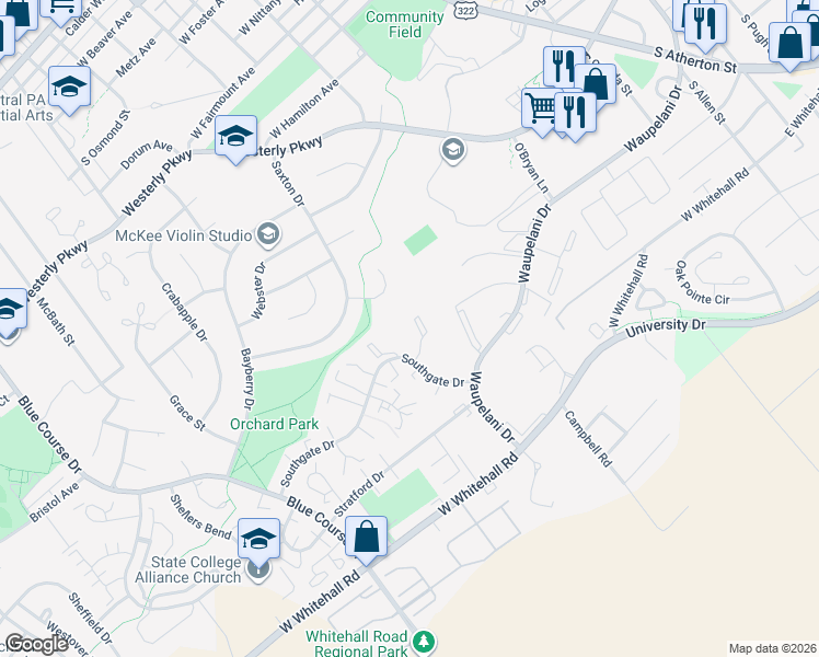 map of restaurants, bars, coffee shops, grocery stores, and more near 801 Southgate Drive in State College