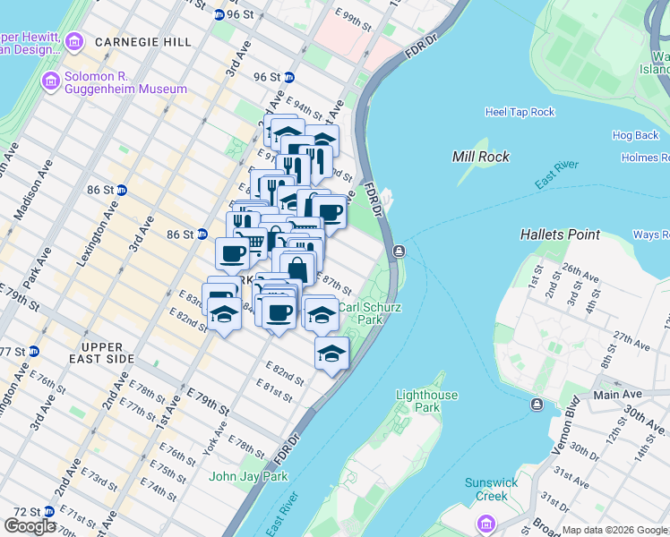 map of restaurants, bars, coffee shops, grocery stores, and more near 514 East 88th Street in New York