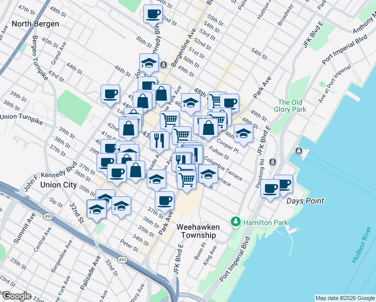 map of restaurants, bars, coffee shops, grocery stores, and more near 121 44th Street in Union City