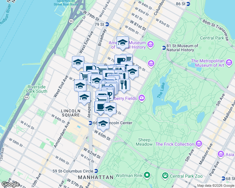 map of restaurants, bars, coffee shops, grocery stores, and more near 46 West 71st Street in New York