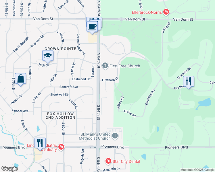 map of restaurants, bars, coffee shops, grocery stores, and more near 8435 Firethorn Lane in Lincoln