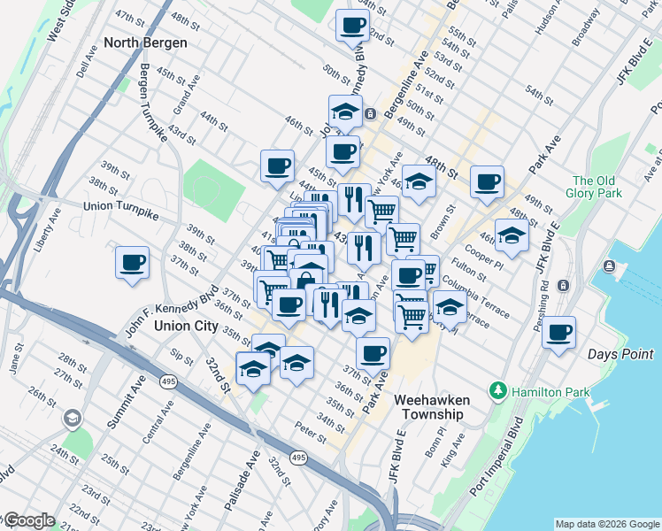 map of restaurants, bars, coffee shops, grocery stores, and more near 308 41st Street in Union City