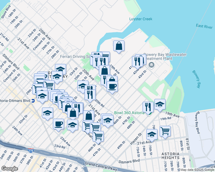 map of restaurants, bars, coffee shops, grocery stores, and more near 41-05 20th Avenue in Queens