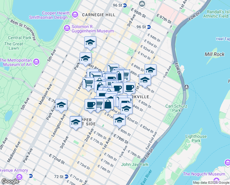 map of restaurants, bars, coffee shops, grocery stores, and more near 1628 2nd Avenue in New York