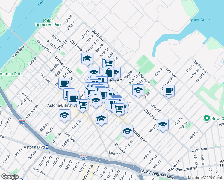 map of restaurants, bars, coffee shops, grocery stores, and more near 21-30 33rd Street in Queens