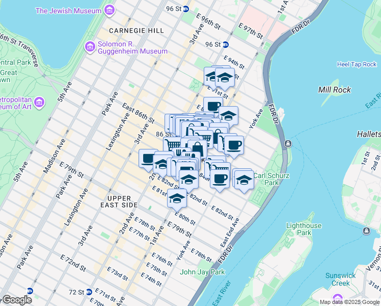 map of restaurants, bars, coffee shops, grocery stores, and more near 343 East 85th Street in New York