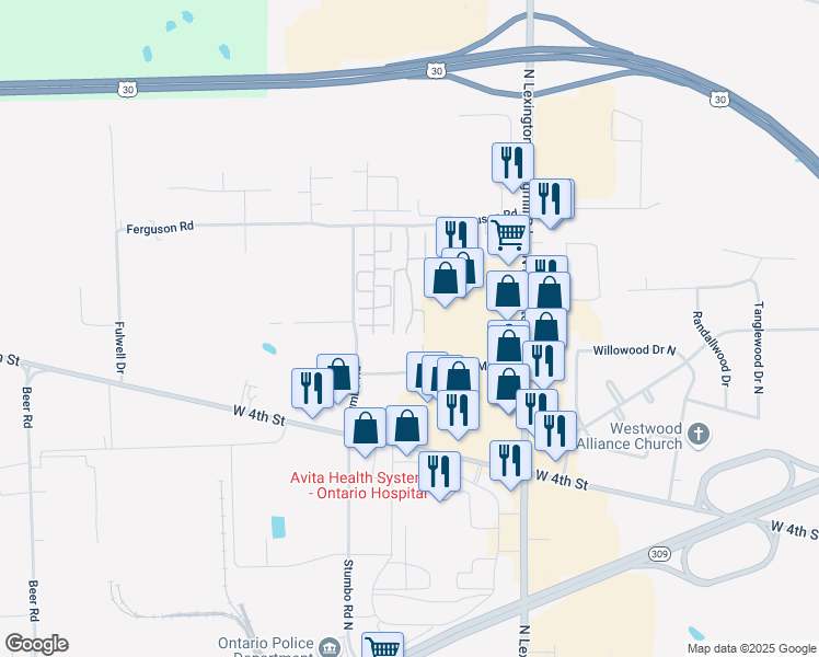 map of restaurants, bars, coffee shops, grocery stores, and more near 2250 Village Mall Dr in Ontario