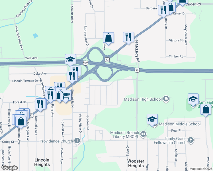 map of restaurants, bars, coffee shops, grocery stores, and more near 799 Skyline Rd in Mansfield
