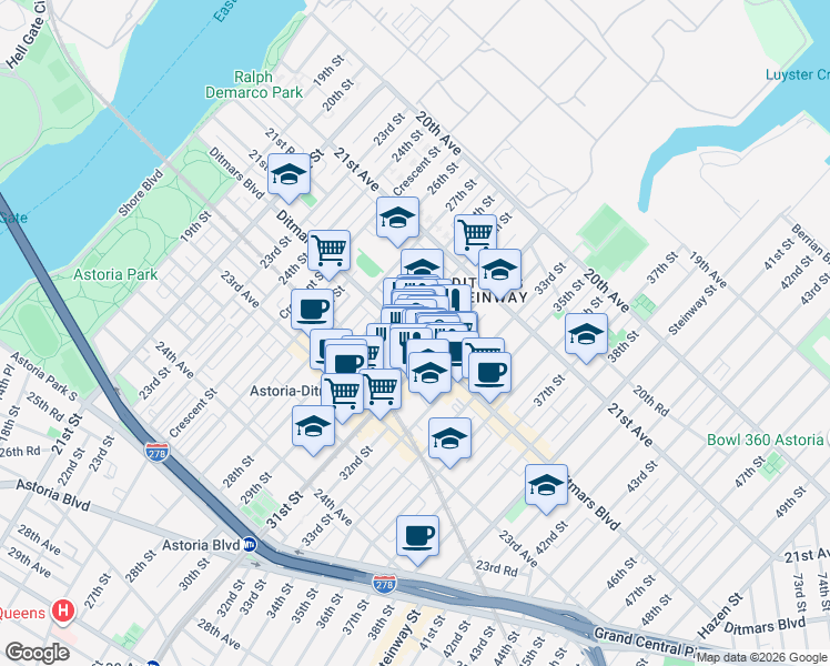 map of restaurants, bars, coffee shops, grocery stores, and more near in Queens