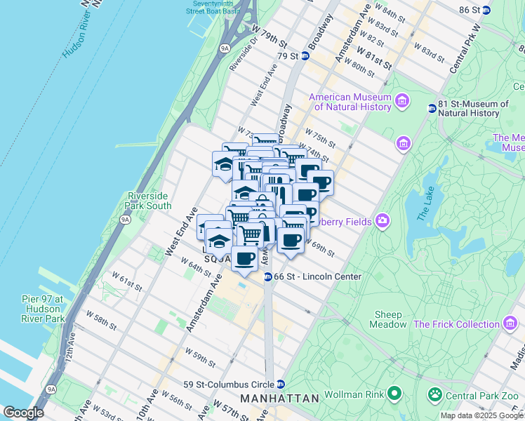 map of restaurants, bars, coffee shops, grocery stores, and more near 179 West 68th Street in New York