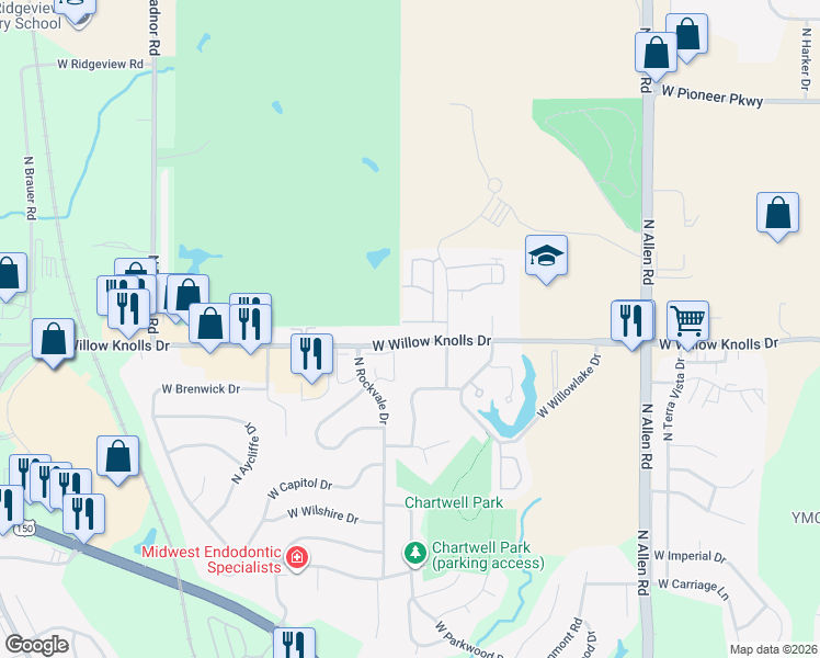 map of restaurants, bars, coffee shops, grocery stores, and more near 3015 West Willow Knolls Drive in Peoria