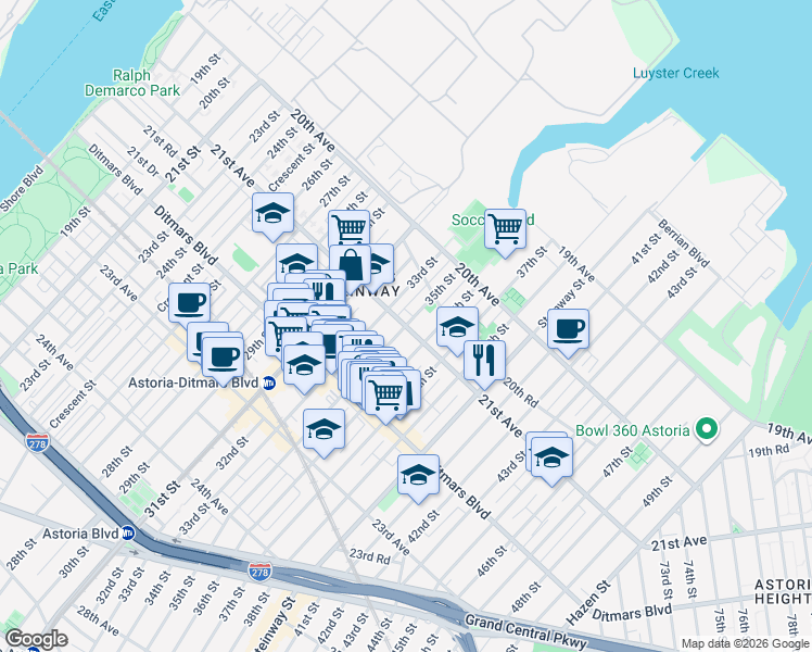 map of restaurants, bars, coffee shops, grocery stores, and more near 21-12 36th Street in Queens