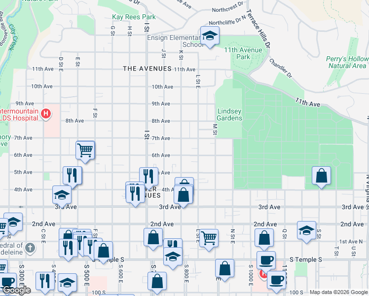 map of restaurants, bars, coffee shops, grocery stores, and more near 284 K Street East in Salt Lake City