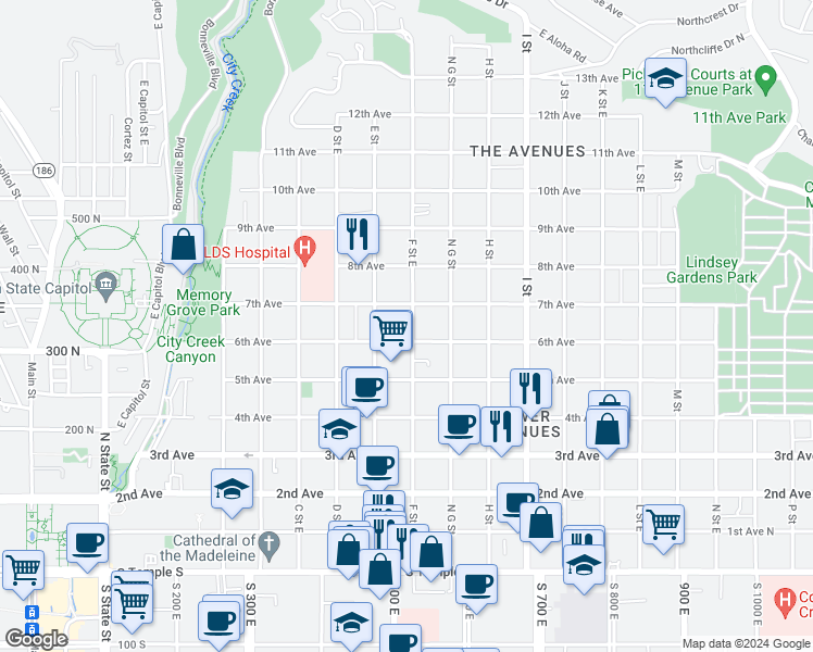 map of restaurants, bars, coffee shops, grocery stores, and more near 284 F Street East in Salt Lake City