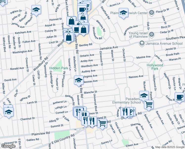 map of restaurants, bars, coffee shops, grocery stores, and more near 20 Nassau Avenue in Plainview