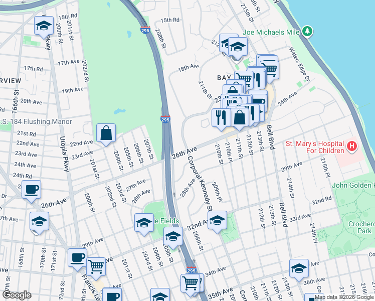 map of restaurants, bars, coffee shops, grocery stores, and more near 208-10 26th Avenue in Queens