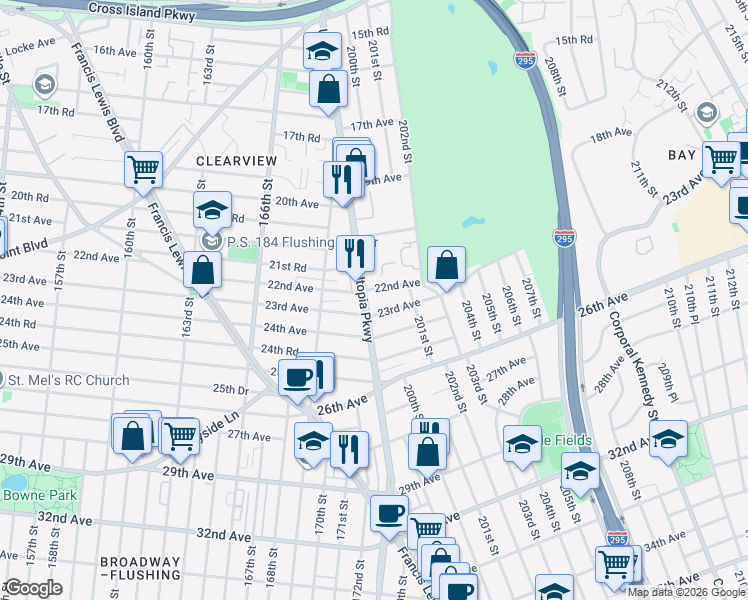map of restaurants, bars, coffee shops, grocery stores, and more near 199-14 23rd Avenue in Queens