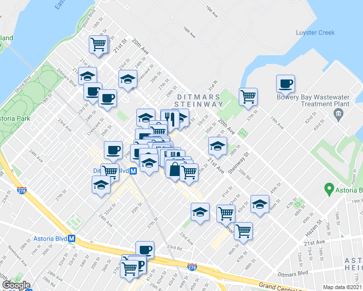 map of restaurants, bars, coffee shops, grocery stores, and more near 21-38 35th Street in Queens