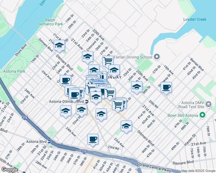 map of restaurants, bars, coffee shops, grocery stores, and more near 31-30 Ditmars Boulevard in Queens