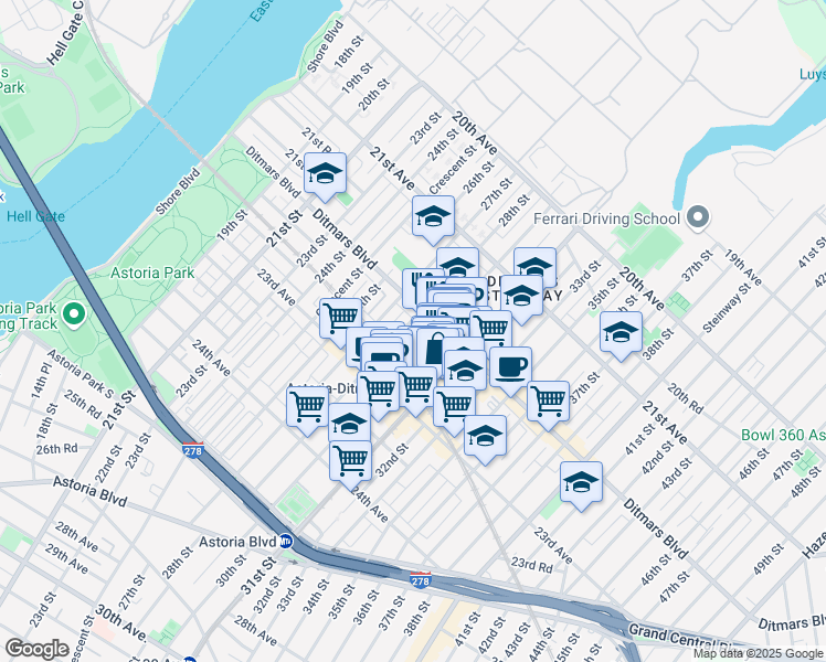 map of restaurants, bars, coffee shops, grocery stores, and more near 22-33 29th Street in Queens