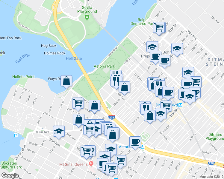 map of restaurants, bars, coffee shops, grocery stores, and more near in Queens