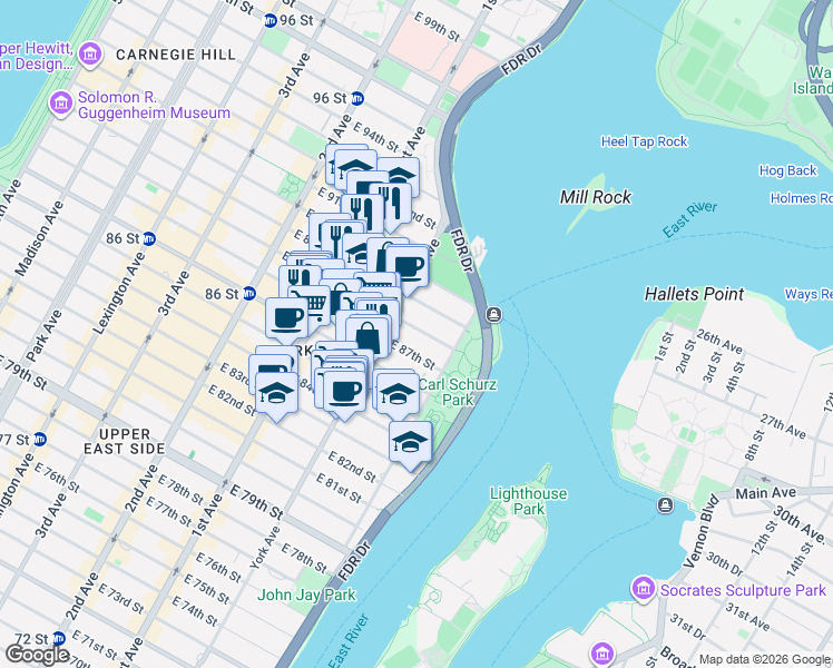 map of restaurants, bars, coffee shops, grocery stores, and more near 528 East 87th Street in New York