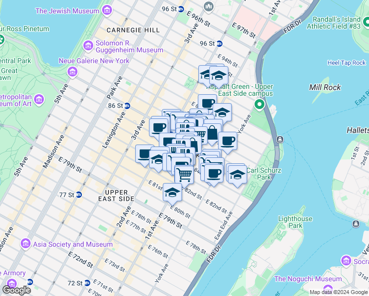 map of restaurants, bars, coffee shops, grocery stores, and more near 1634 1st Avenue in New York
