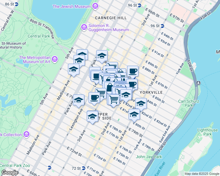 map of restaurants, bars, coffee shops, grocery stores, and more near 225 East 82nd Street in New York