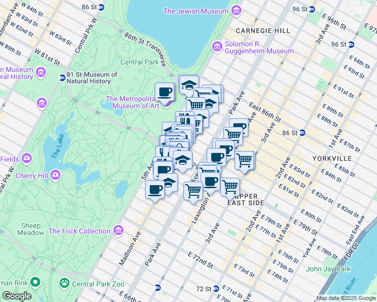 map of restaurants, bars, coffee shops, grocery stores, and more near 1045 Madison Avenue in New York