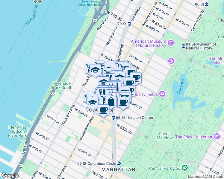 map of restaurants, bars, coffee shops, grocery stores, and more near 179 West 68th Street in New York