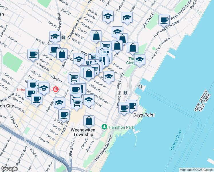 map of restaurants, bars, coffee shops, grocery stores, and more near 28 Fulton Street in Weehawken