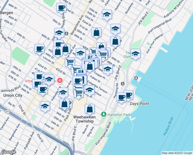 map of restaurants, bars, coffee shops, grocery stores, and more near 70-72 Columbia Terrace in Weehawken