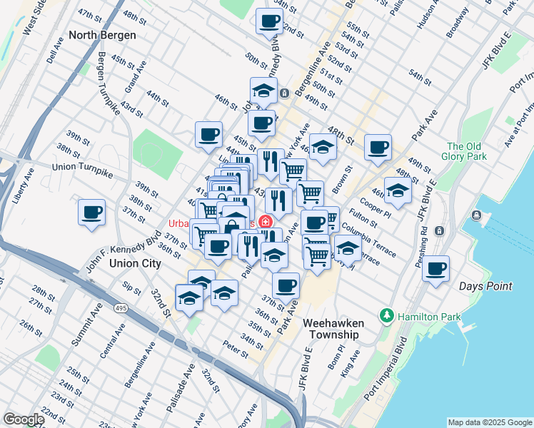 map of restaurants, bars, coffee shops, grocery stores, and more near 308 41st Street in Union City