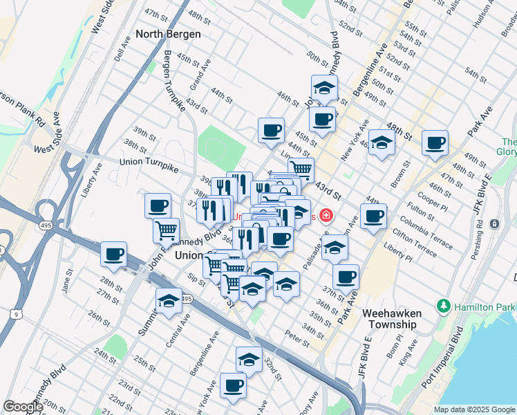 map of restaurants, bars, coffee shops, grocery stores, and more near 534 38th Street in Union City