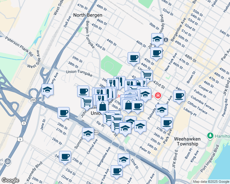 map of restaurants, bars, coffee shops, grocery stores, and more near 3700 John F. Kennedy Boulevard in Union City