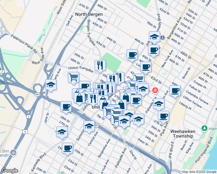 map of restaurants, bars, coffee shops, grocery stores, and more near 616 36th Street in Union City