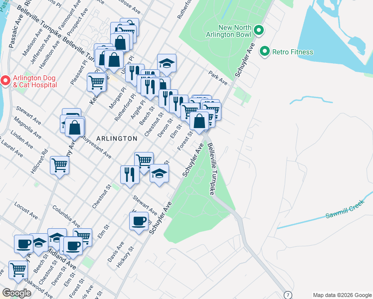 map of restaurants, bars, coffee shops, grocery stores, and more near 853 Schuyler Avenue in Kearny