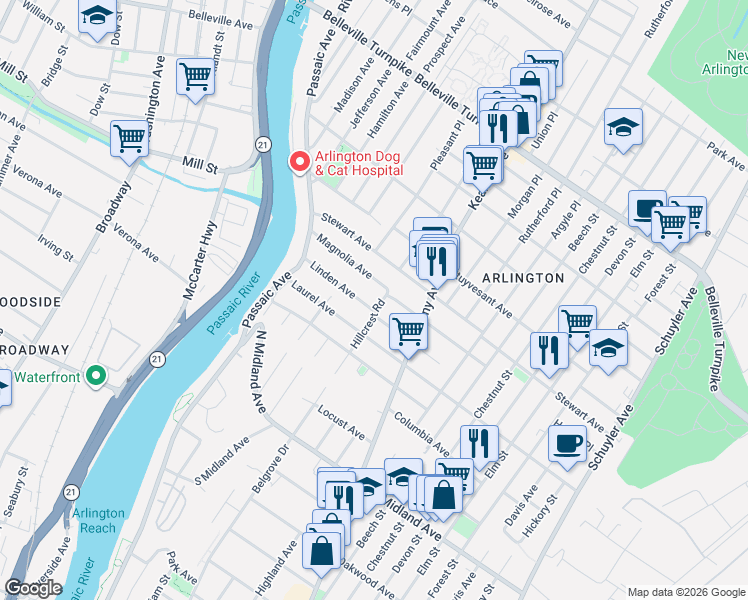 map of restaurants, bars, coffee shops, grocery stores, and more near 77 Laurel Avenue in Kearny