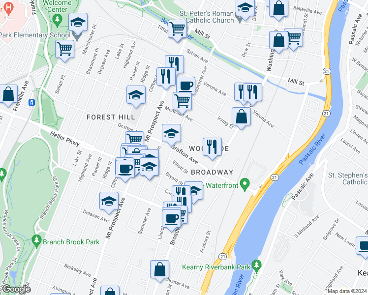 map of restaurants, bars, coffee shops, grocery stores, and more near 118 Grafton Avenue in Newark