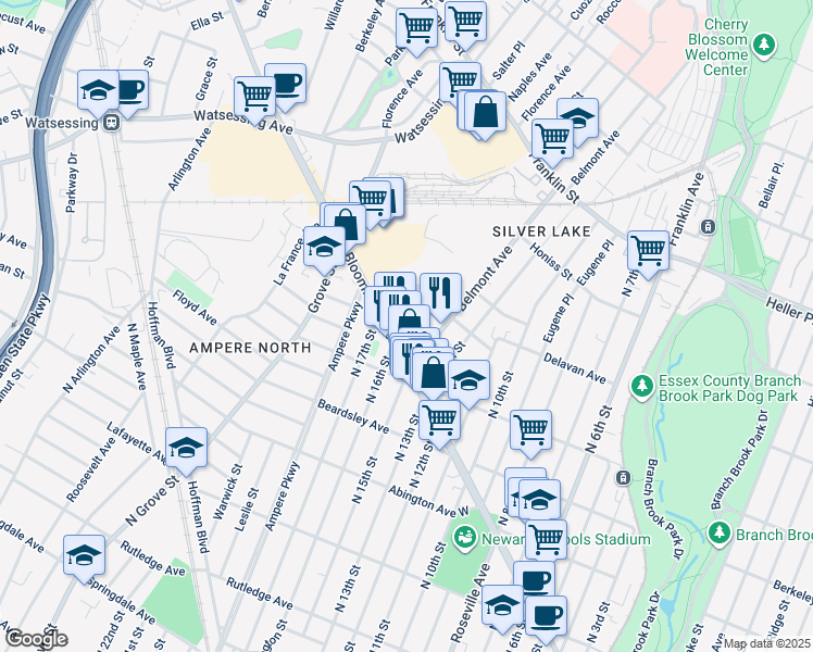 map of restaurants, bars, coffee shops, grocery stores, and more near 27 Bloomfield Avenue in Bloomfield