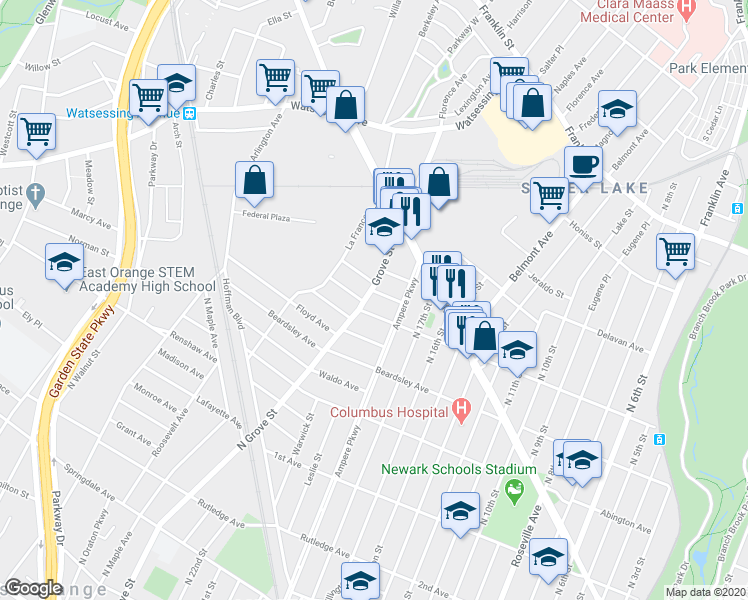 map of restaurants, bars, coffee shops, grocery stores, and more near 285 Ampere Parkway in Bloomfield