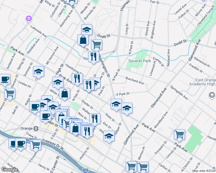 map of restaurants, bars, coffee shops, grocery stores, and more near 198 Park Place in City of Orange