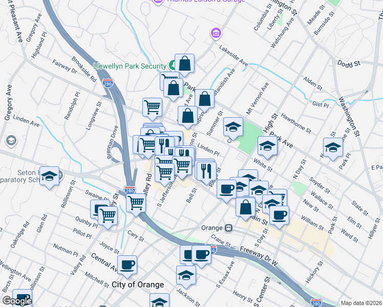 map of restaurants, bars, coffee shops, grocery stores, and more near 22 North Jefferson Street in City of Orange